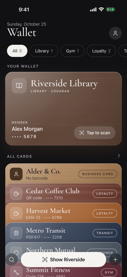 The wallet, with a library card at the front and a stack of cards below it